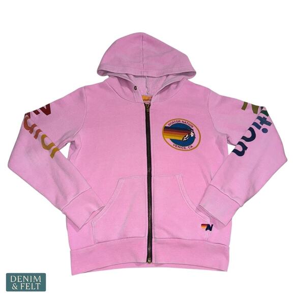 Aviator Nation Kids Neon Pink Zip Hoodie Sweatshirt Logo Graphic Size 12 - Picture 1 of 8